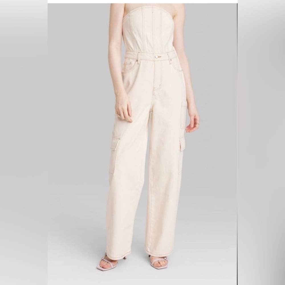 wild fable Cream Wide-Leg Cargo Jumpsuit